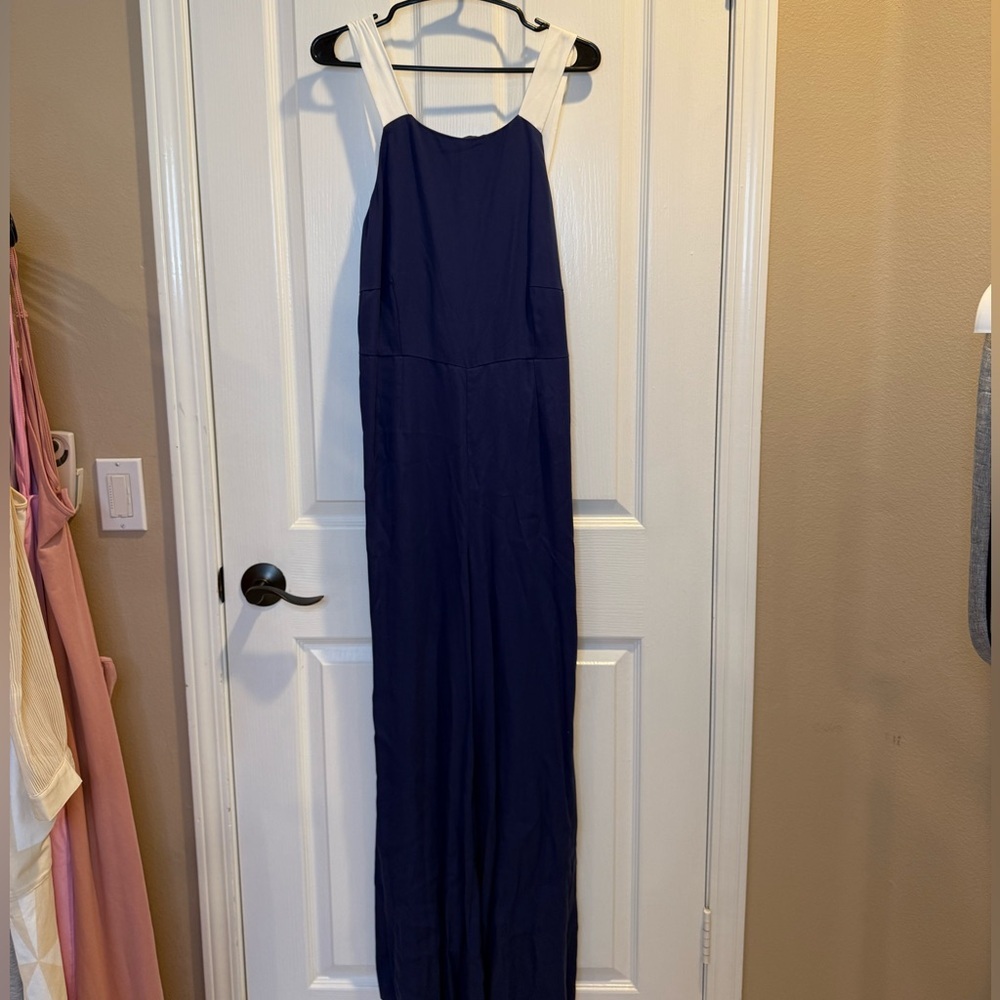 Anthropologie Navy Blue White Strap Wide Leg Jumpsuit Size M - Picture 2 of 10